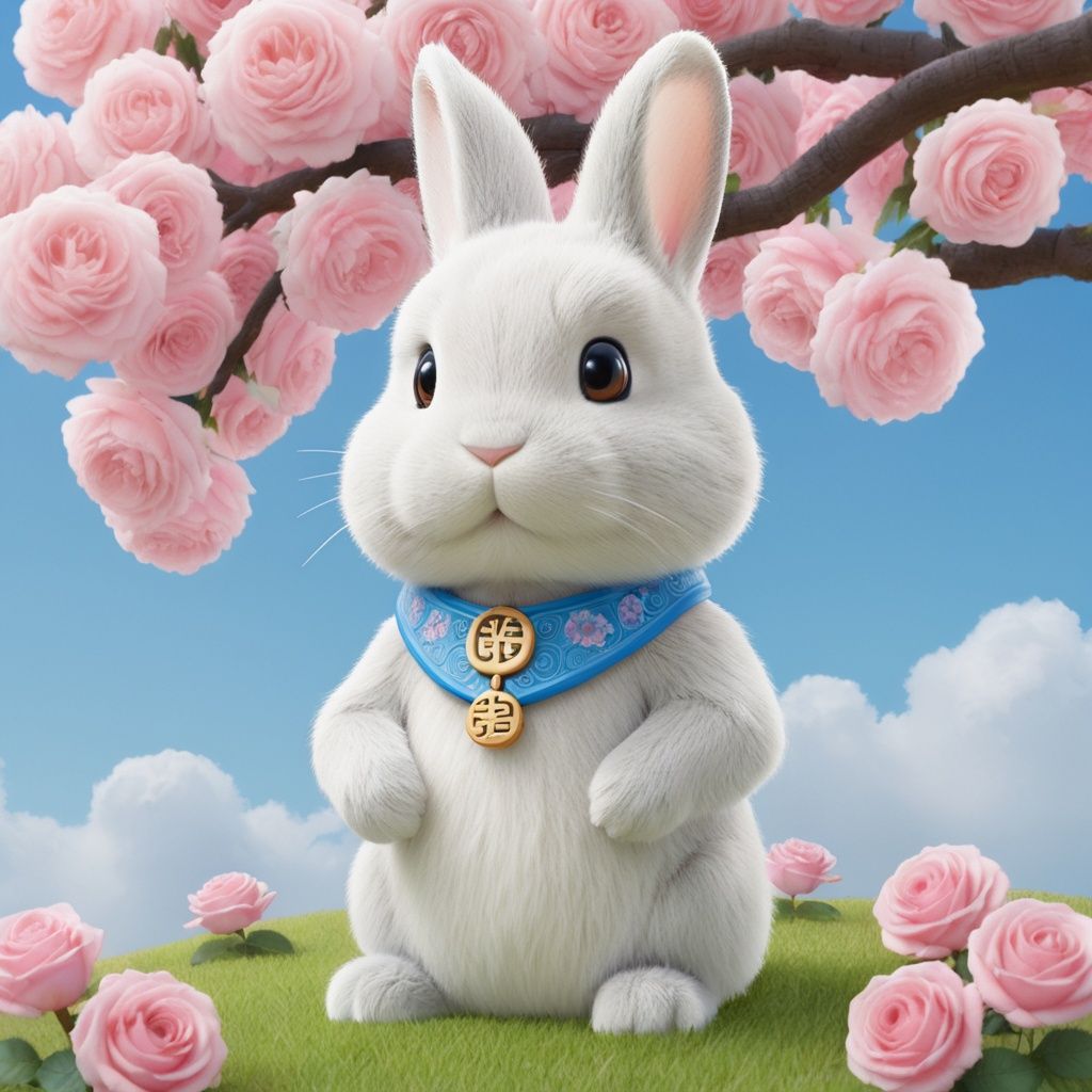 masterpiece, Bunny, Lovely, In the middle of the picture, Mid-range, Outdoor, Light blue sky, Clouds, Garden, Big tree, Pink roses, Collar, Furry, Twelve signs of the Chinese zodiac, textured skin, super detail, best quality <lora:Cutepetparty-000006:0.5> 