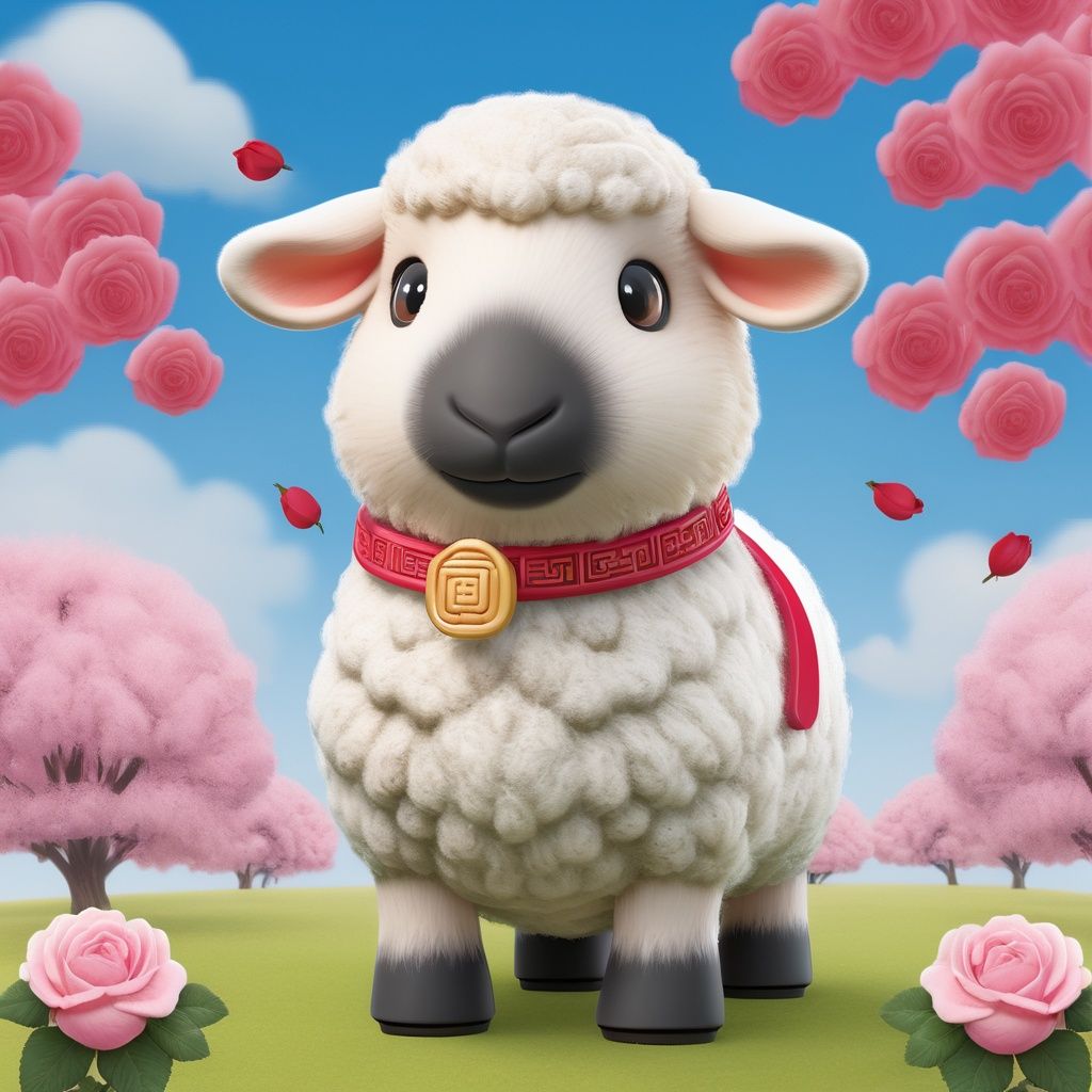 masterpiece, Little sheep, Lovely, In the middle of the picture, Mid-range, Outdoor, Light blue sky, Clouds, Garden, Big tree, Pink roses, Collar, Furry, Twelve signs of the Chinese zodiac, textured skin, super detail, best quality<lora:Cutepetparty-000006:0.5>