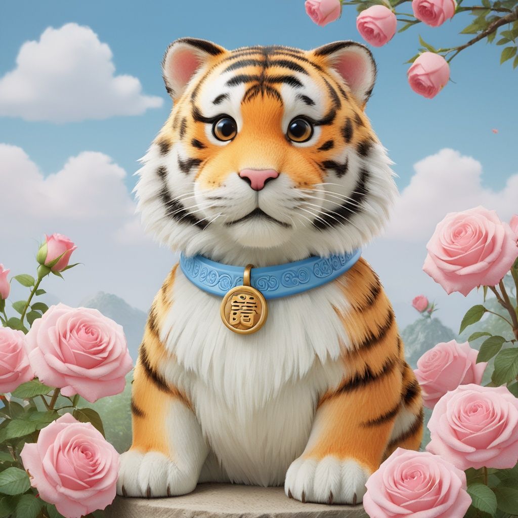 masterpiece, Little tiger, Lovely, In the middle of the picture, Mid-range, Outdoor, Light blue sky, Clouds, Garden, Big tree, Pink roses, Collar, Furry, Twelve signs of the Chinese zodiac, textured skin, super detail, best quality <lora:Cutepetparty-000006:0.5> 