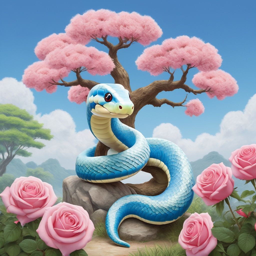 masterpiece, Snake, Lovely, In the middle of the picture, Mid-range, Outdoor, Light blue sky, Clouds, Garden, Big tree, Pink roses, Collar, Furry, Twelve signs of the Chinese zodiac, textured skin, super detail, best quality <lora:Cutepetparty-000006:0.5> 