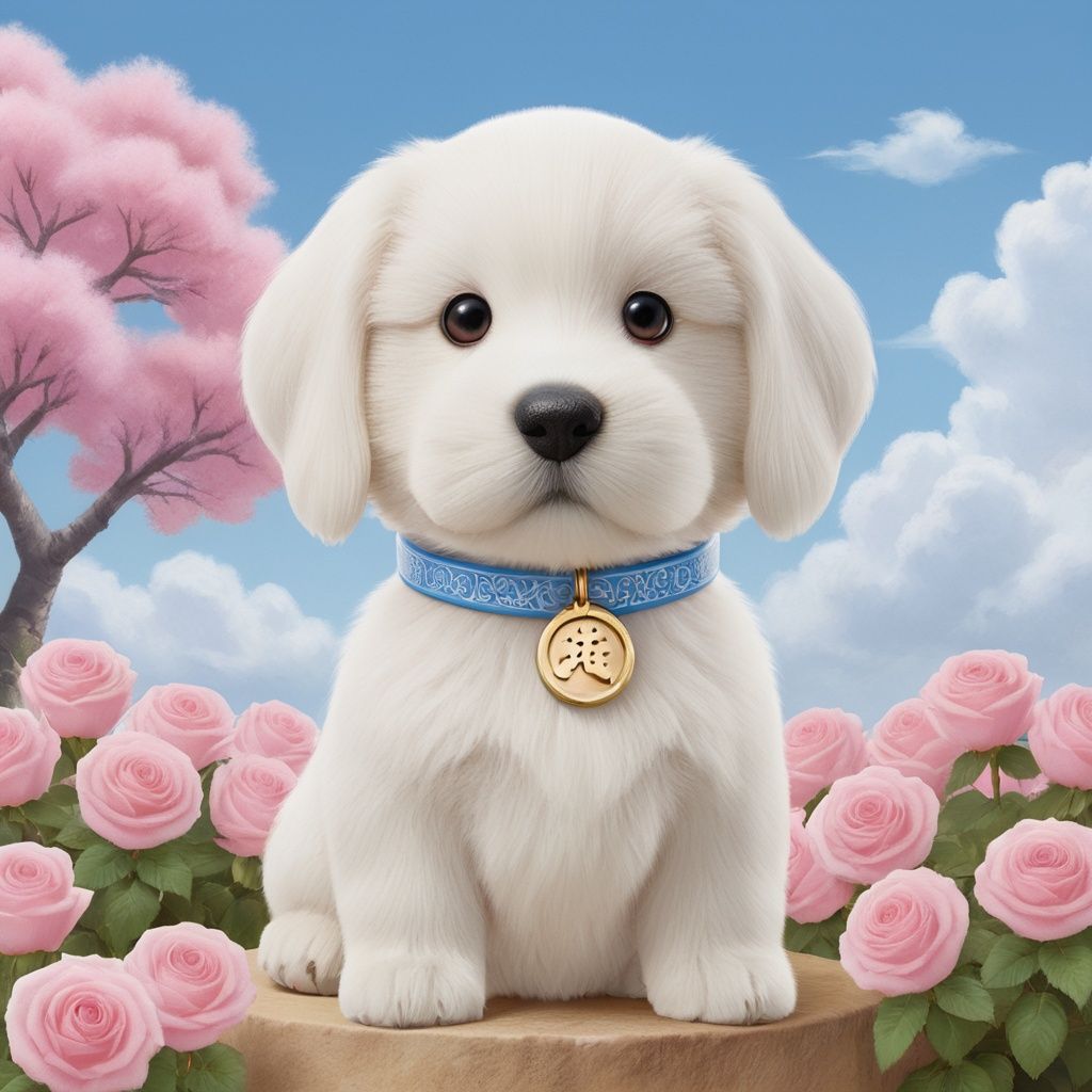 masterpiece, Puppy, Lovely, In the middle of the picture, Mid-range, Outdoor, Light blue sky, Clouds, Garden, Big tree, Pink roses, Collar, Furry, Twelve signs of the Chinese zodiac, Corky Dog, textured skin, super detail, best quality <lora:Cutepetparty-000006:0.5> 