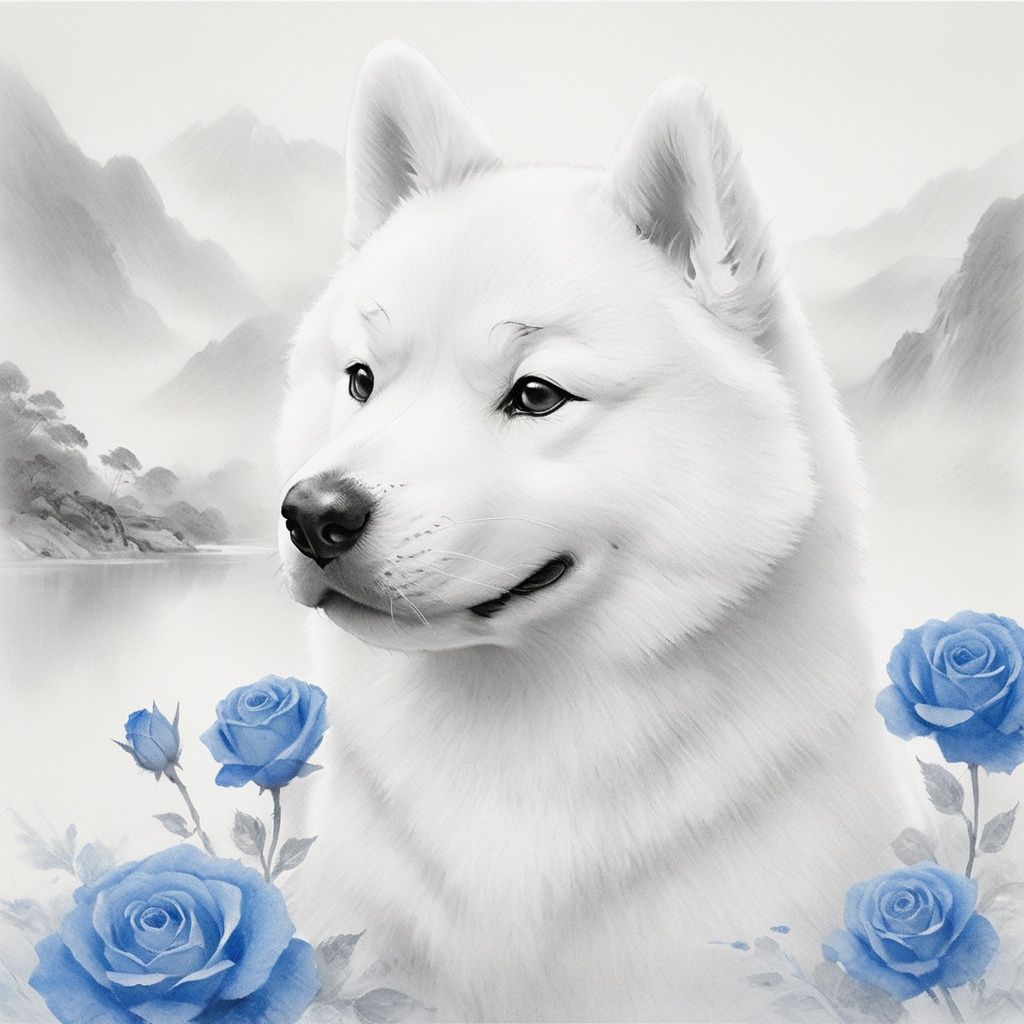 monochrome, masterpiece, Shiba Inu, Close-up of pets, \shhui mo\, blue water, Mountains and rivers, Blue rose, textured skin, super detail, best quality