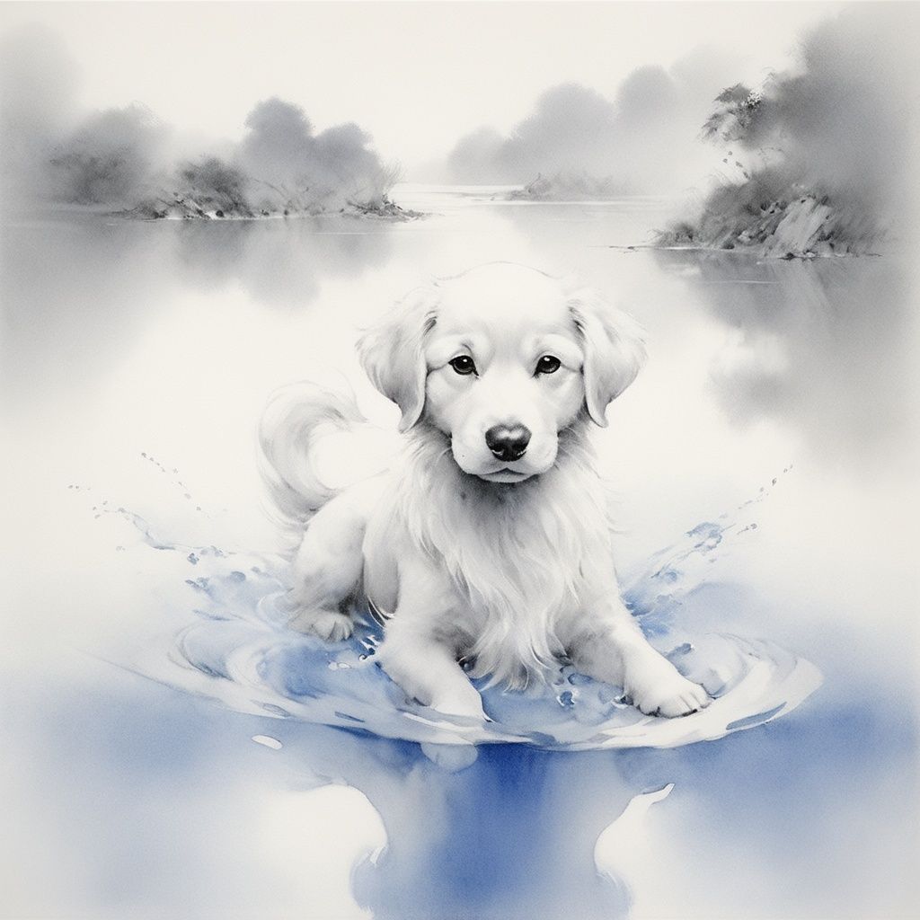  monochrome,masterpiece, dog,(\shhui mo\),blue water