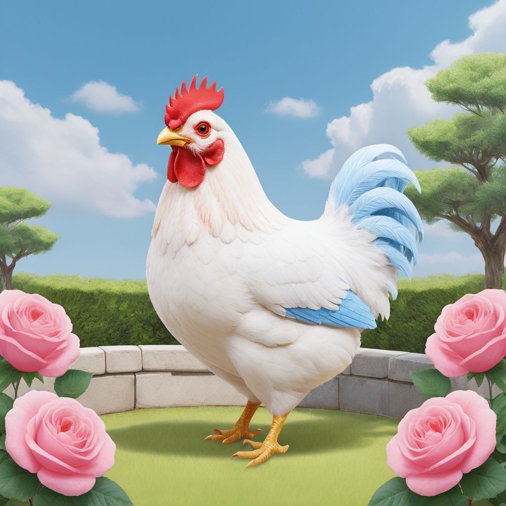 masterpiece, Chicken, Lovely, In the middle of the picture, Mid-range, Outdoor, Light blue sky, Clouds, Garden, Big tree, Pink roses, Collar, Furry, Twelve signs of the Chinese zodiac, textured skin, super detail, best quality <lora:Cutepetparty-000006:0.5> 