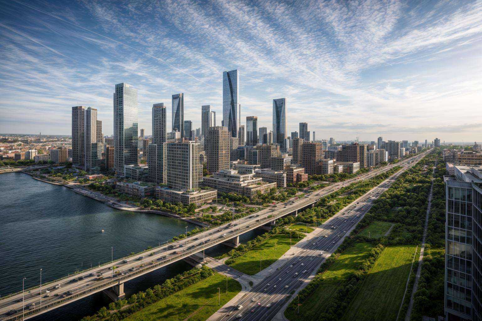 Urban Development with Modern High-rise Buildings bustling with activity under a vibrant sunset sky amidst a futuristic ci...
