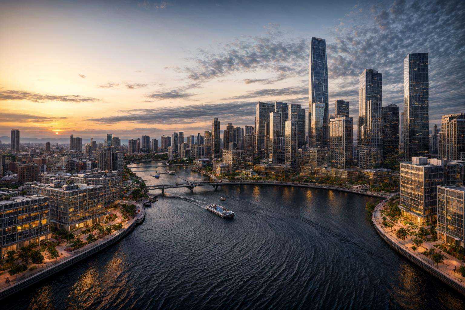Urban Development with Modern High-rise Buildings bustling with activity under a vibrant sunset sky amidst a futuristic ci...