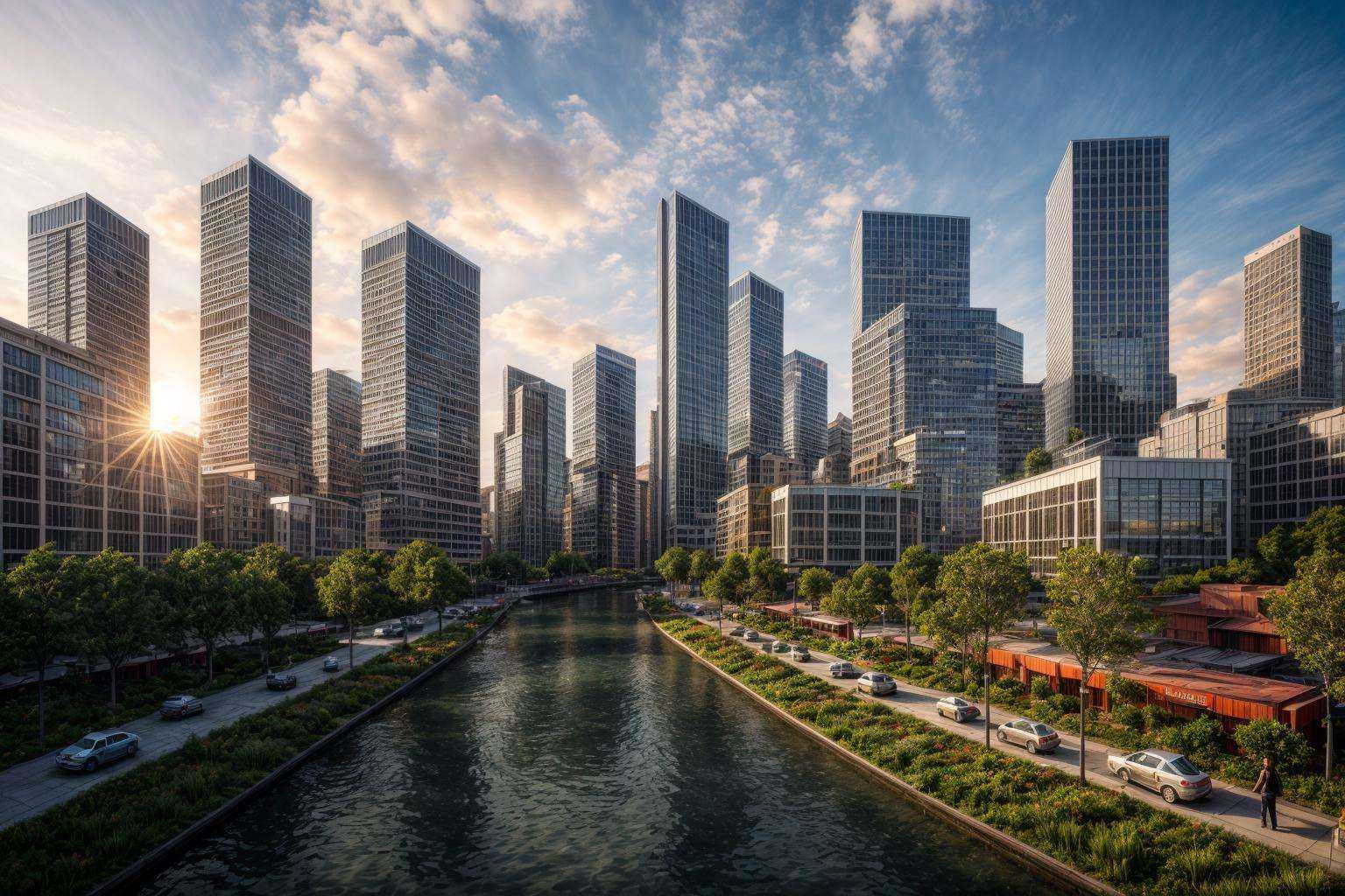 Urban Development with Modern High-rise Buildings bustling with activity under a vibrant sunset sky amidst a futuristic ci...
