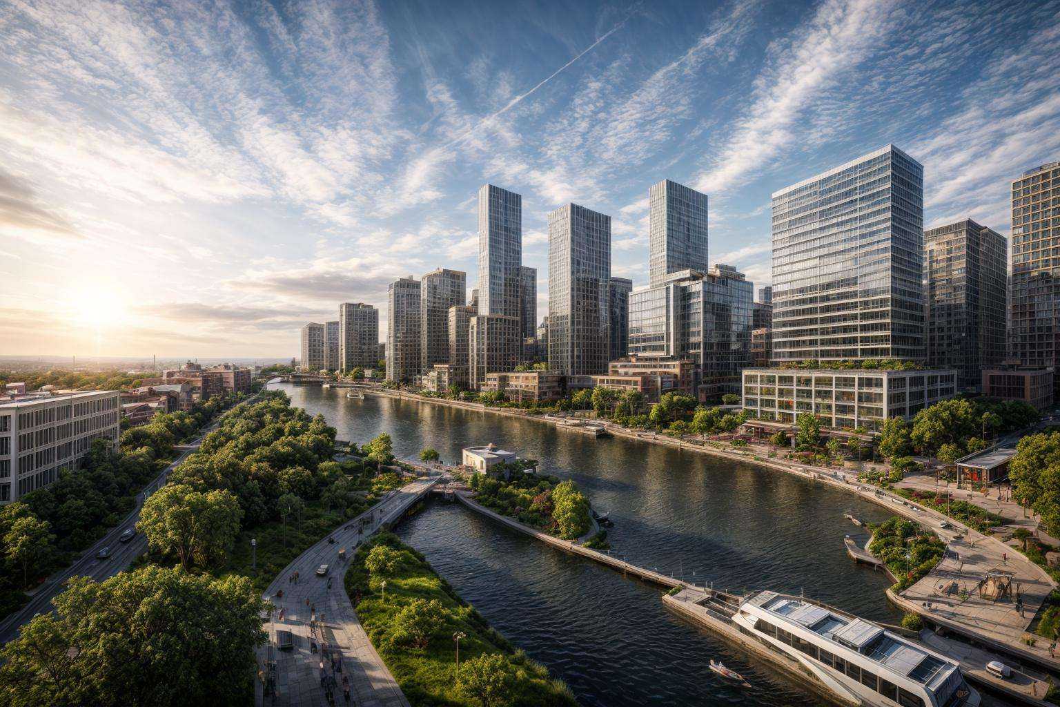 Urban Development with Modern High-rise Buildings bustling with activity under a vibrant sunset sky amidst a futuristic ci...