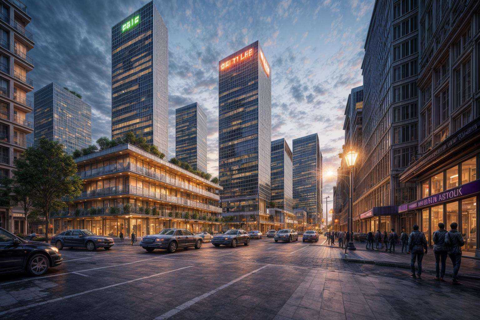 In the bustling urban landscape of đô thị phát triển,  towering skyscrapers intertwine with a modern transportation networ...