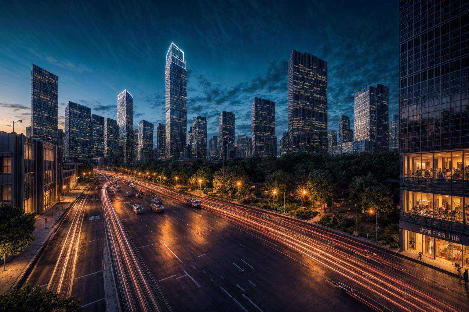 In the bustling urban landscape of đô thị phát triển,  towering skyscrapers intertwine with a modern transportation networ...