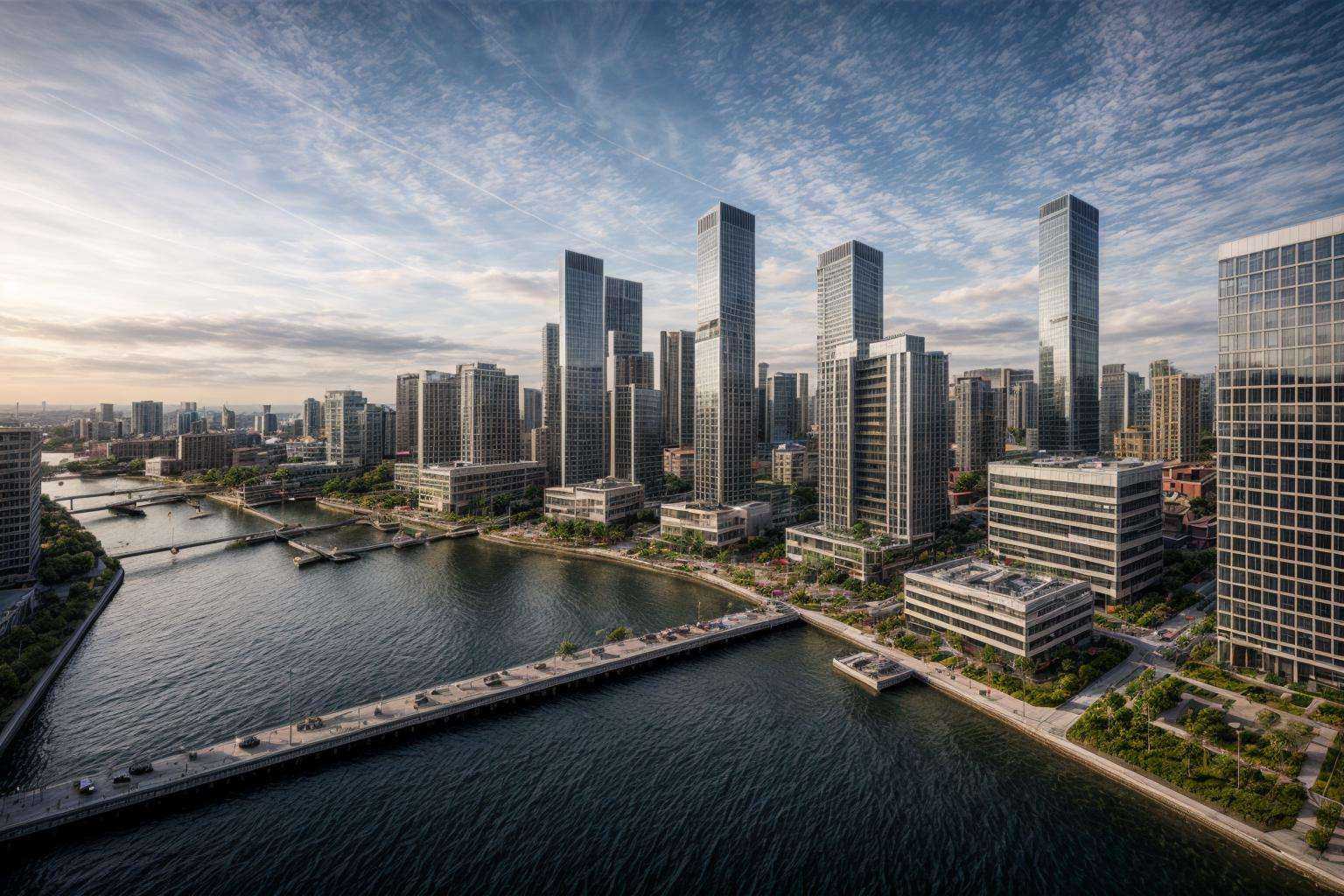 Urban Development with Modern High-rise Buildings bustling with activity under a vibrant sunset sky amidst a futuristic ci...