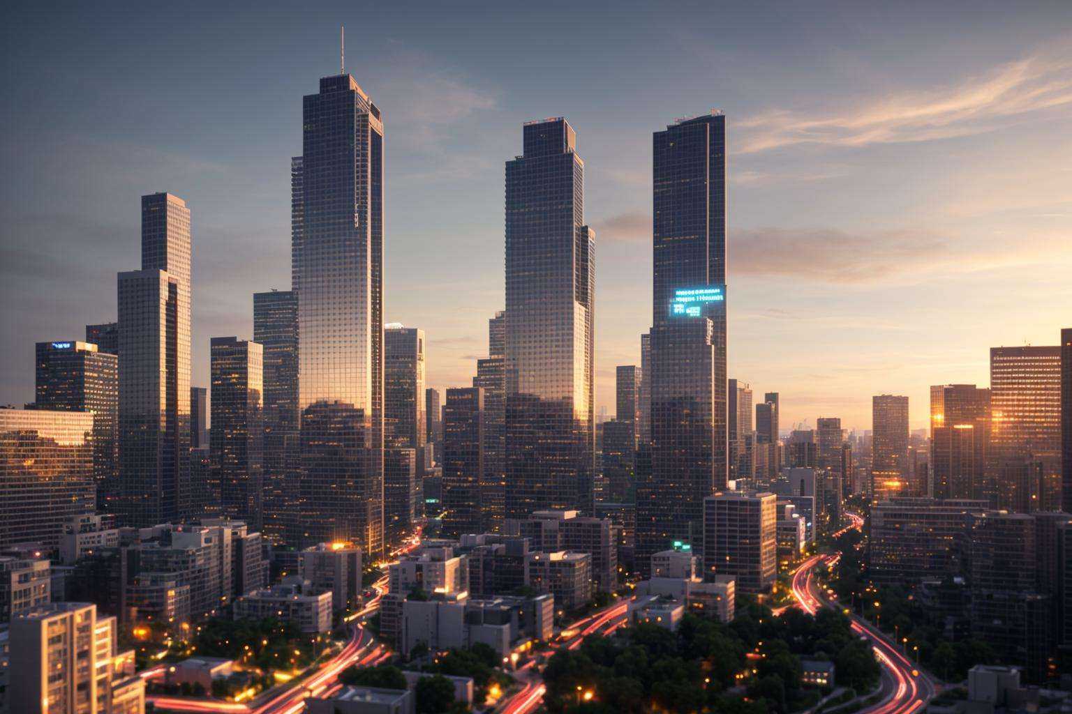 Urban Development with Modern High-rise Buildings bustling with activity under a vibrant sunset sky amidst a futuristic ci...