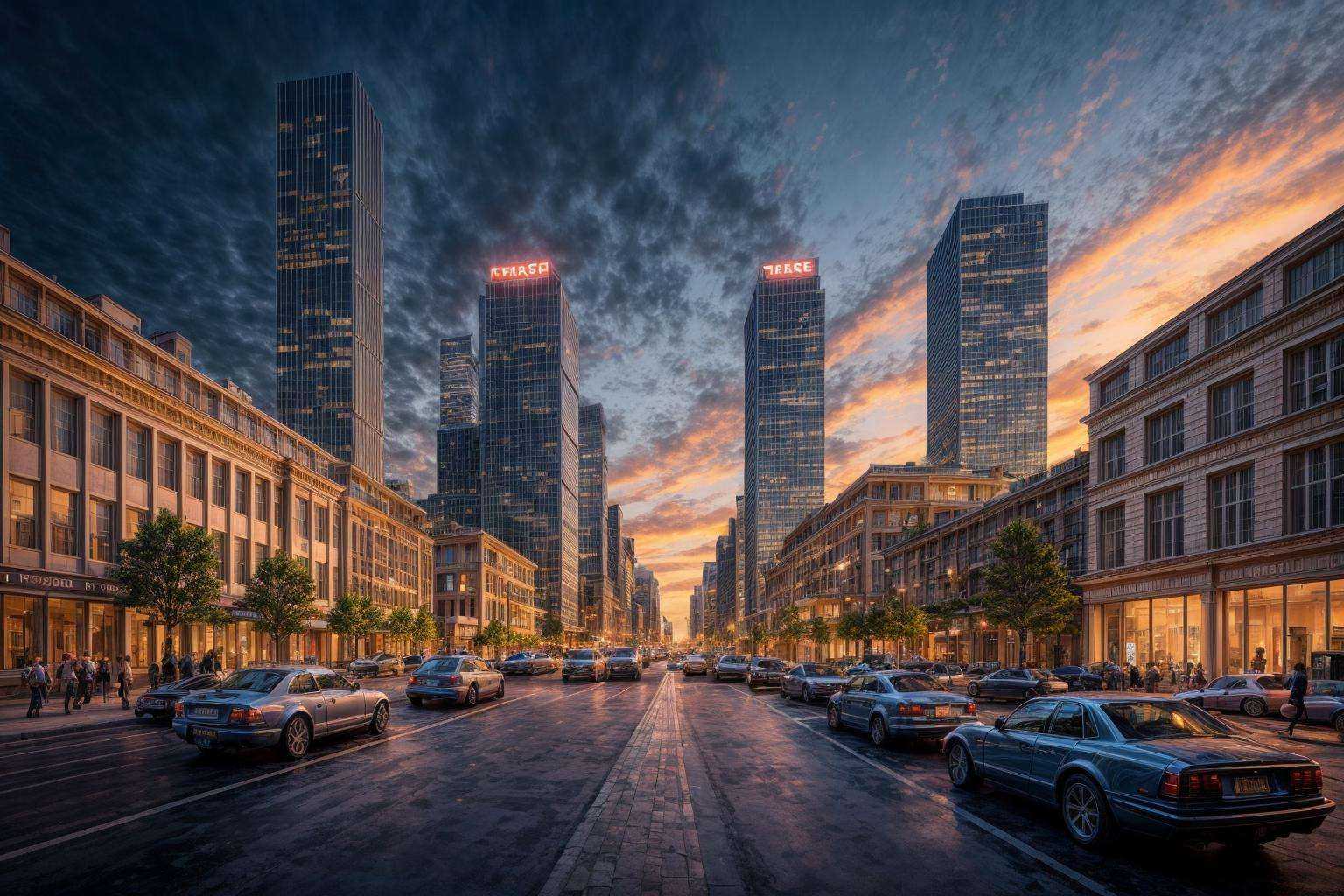 In the bustling urban landscape of đô thị phát triển,  towering skyscrapers intertwine with a modern transportation networ...