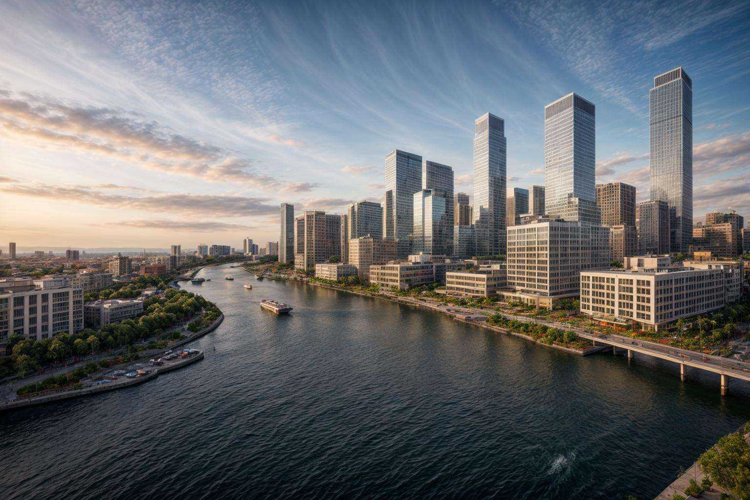Urban Development with Modern High-rise Buildings bustling with activity under a vibrant sunset sky amidst a futuristic ci...