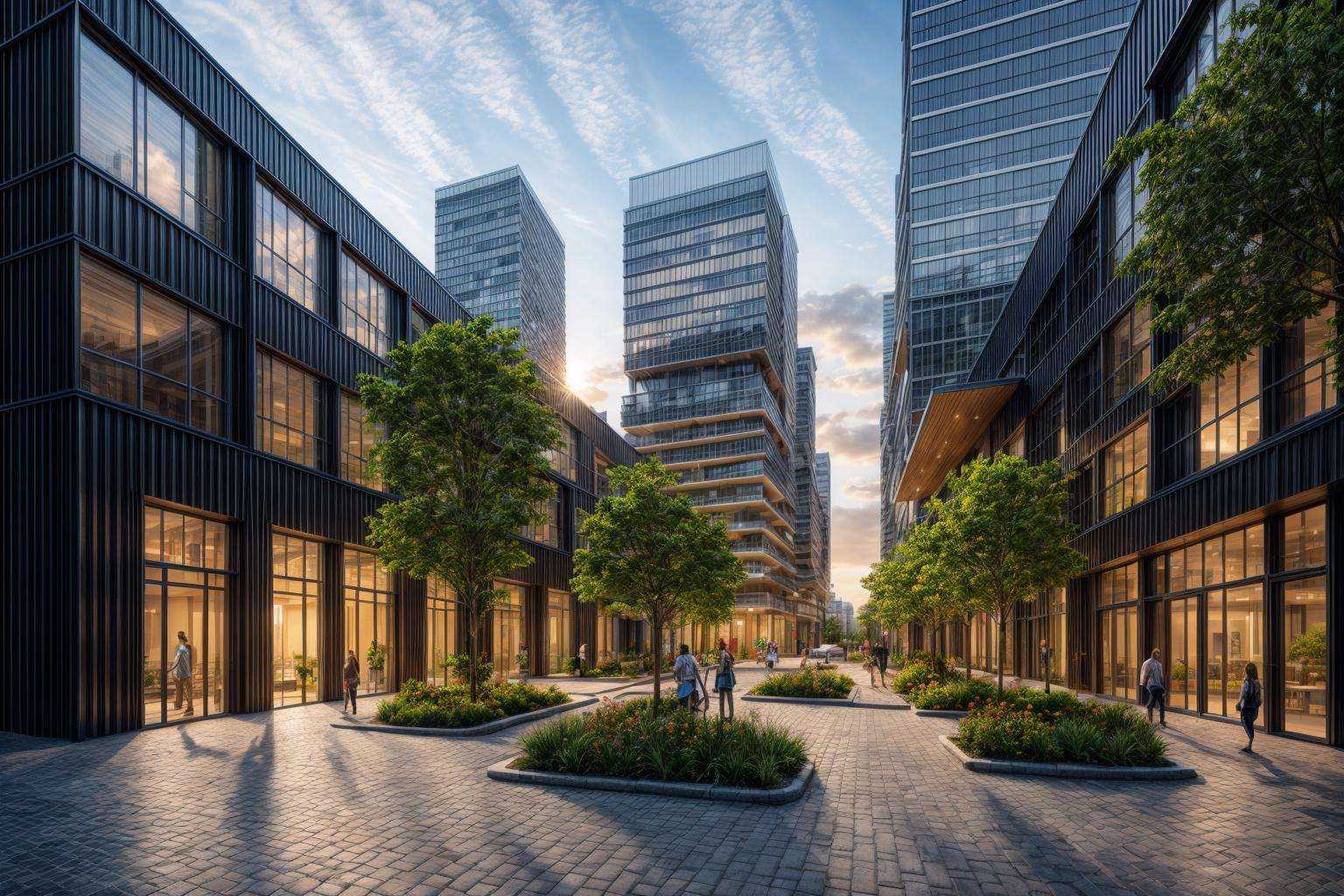 Urban Development with Modern High-rise Buildings bustling with activity under a vibrant sunset sky amidst a futuristic ci...