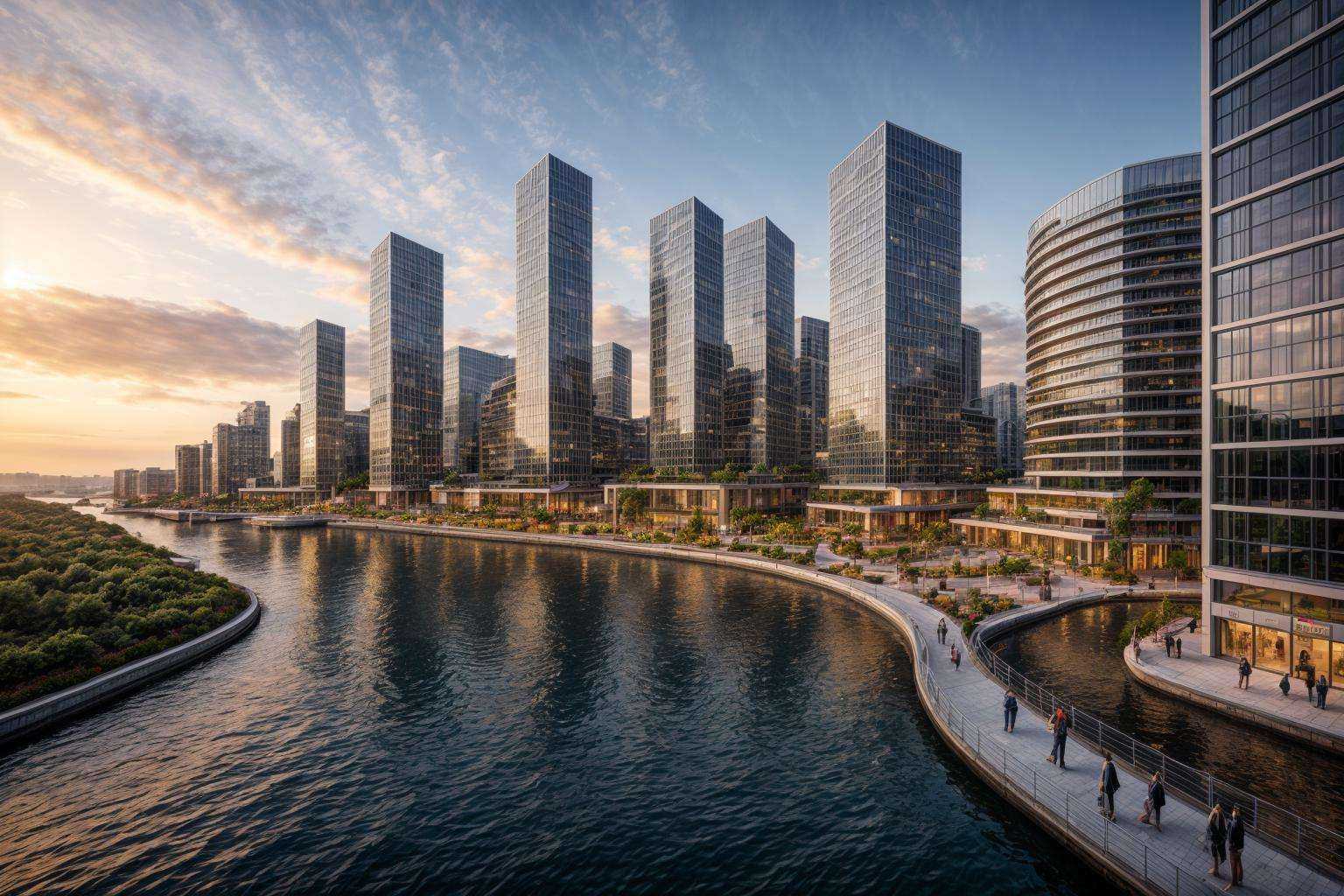 Urban Development with Modern High-rise Buildings bustling with activity under a vibrant sunset sky amidst a futuristic ci...