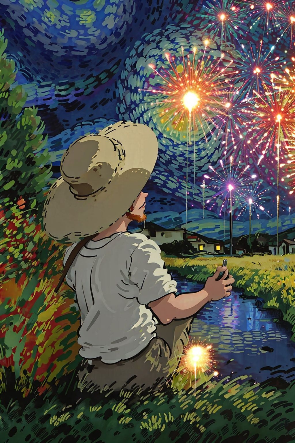 fireworks, aerial fireworks, night, straw hat, sky, sunflower, star \(sky\), night sky, short sleeves, grass, outdoors, starry sky, from behind