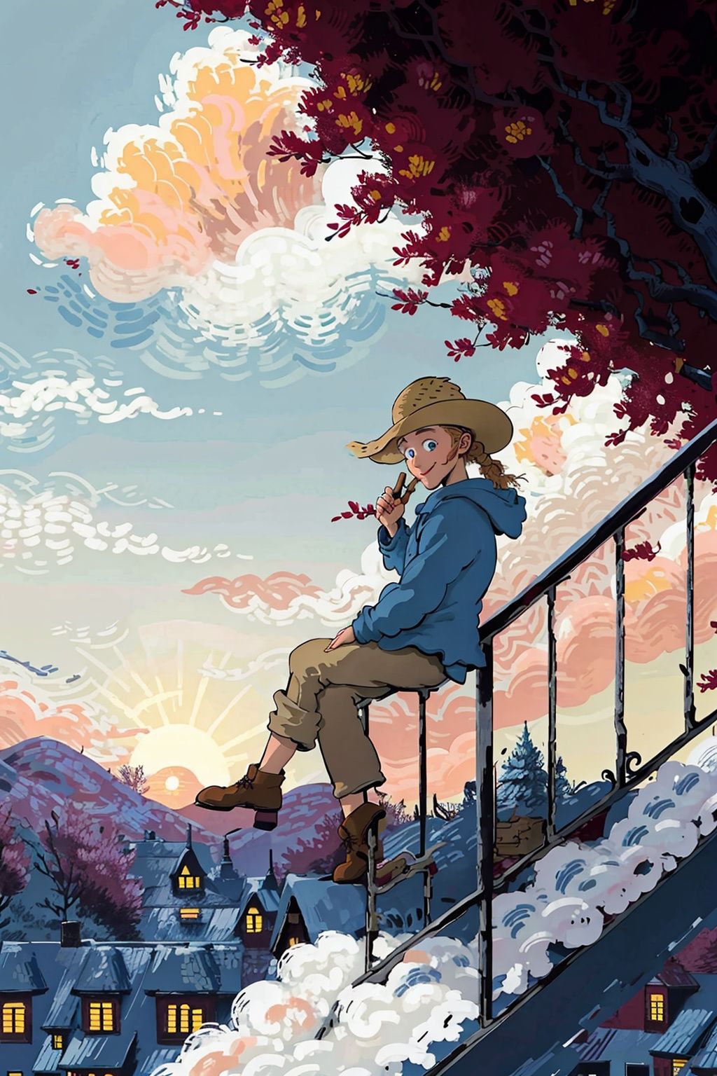 cloud, braid, 1girl, twin braids, sky, solo, cloudy sky, smile, long hair, sunset, blue sky, twintails, outdoors, hat, blue eyes, railing, bangs, looking at viewer, very long hair, day