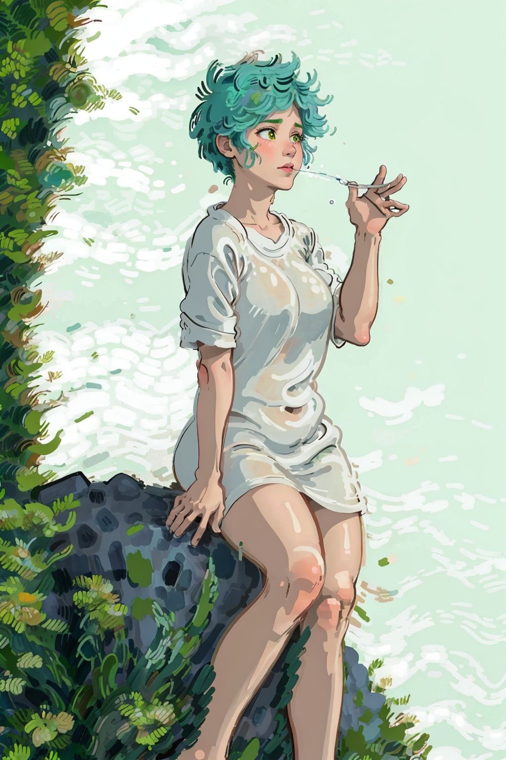 1girl,  cat girl, light green hair,  messy hair,  long hair,  (Detailed eyes description),  :3,  yellow eyes,  cute, oversized clothes,  (oversized white shirt),  (bare legs), beach,  seaside,  water drops,  shine,  sunlight,  rocks, (masterpiece:1.2),  (best quality),  (ultra-detailed),  , 