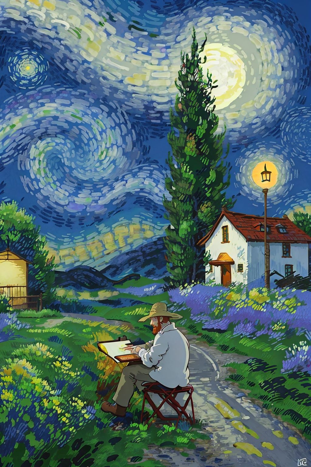full_moon,moon,cloud,night,sky,1girl,long_hair,plant,solo,night_sky,star_\(sky\),sitting,blonde_hair,cloudy_sky,looking_at_viewer,outdoors,crescent_moon,long_sleeves,blue_eyes,starry_sky,castle,skirt,grass,lamppost,very_long_hair,tower,flower,sun,lantern,shoes,building