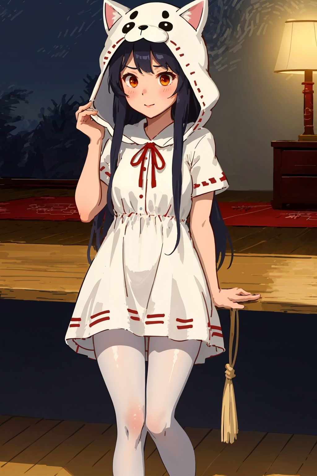 女孩,眯眼笑,white pantyhose,cozy animation scenes,short dress,long hair,cozy animation scenes,yuyao,双马尾,animal hood