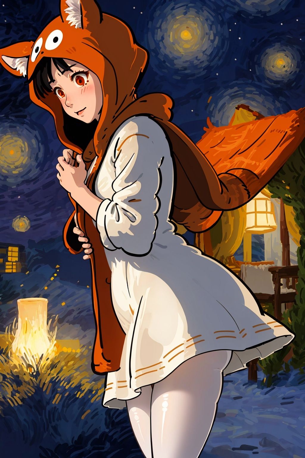 女孩,眯眼笑,white pantyhose,cozy animation scenes,short dress,long hair,cozy animation scenes,yuyao,双马尾,animal hood