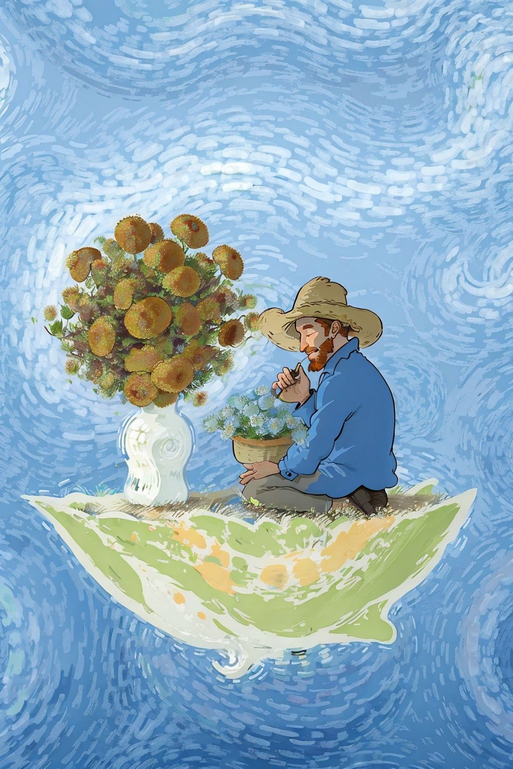earth \(planet\), planet, flower, water, hat, waves, bouquet, ripples, ocean, bubble, closed eyes, moon