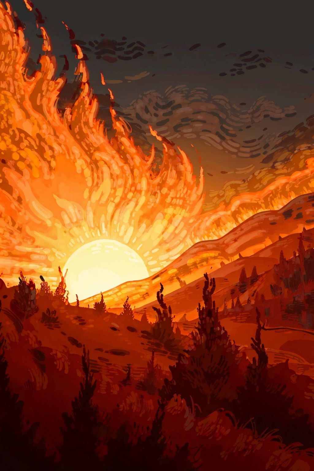fire, sunset, explosion, orange sky, orange theme, campfire, molten rock, flame, burning, sun, autumn, torch, yellow sky, red sky, evening, twilight, sky, scenery, dusk, gradient sky, cloud, fireplace
