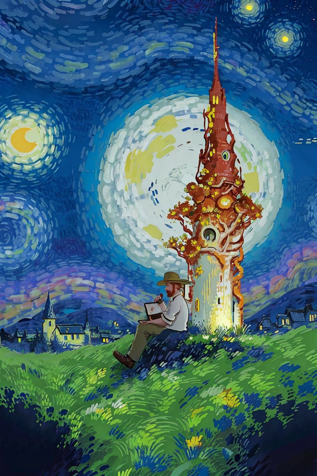 full_moon,moon,cloud,night,sky,1girl,long_hair,plant,solo,night_sky,star_\(sky\),sitting,blonde_hair,cloudy_sky,looking_at_viewer,outdoors,crescent_moon,long_sleeves,blue_eyes,starry_sky,castle,skirt,grass,lamppost,very_long_hair,tower,flower,sun,lantern,shoes,building