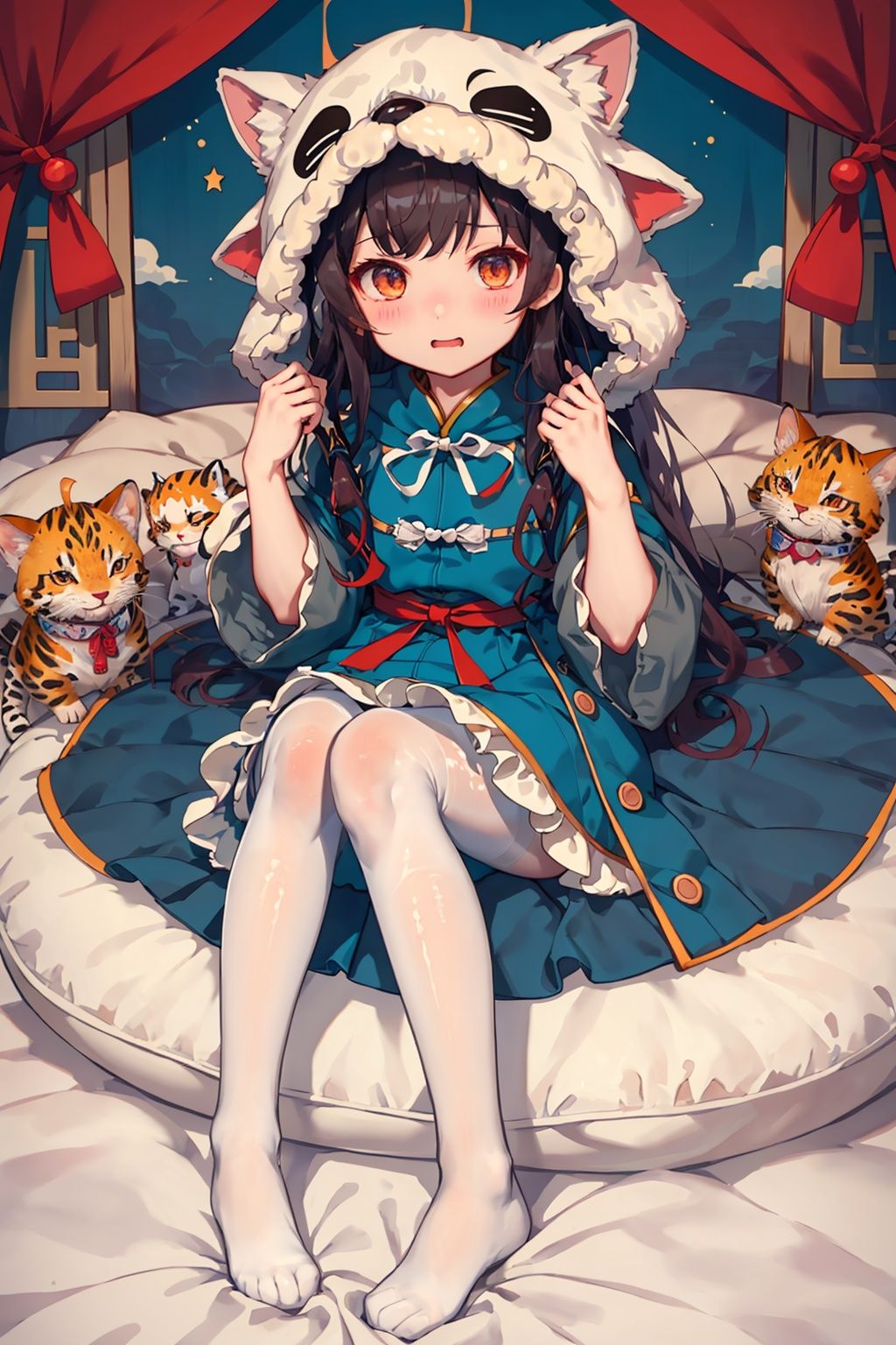 女孩,眯眼笑,white pantyhose,cozy animation scenes,short dress,long hair,cozy animation scenes,yuyao,双马尾,animal hood