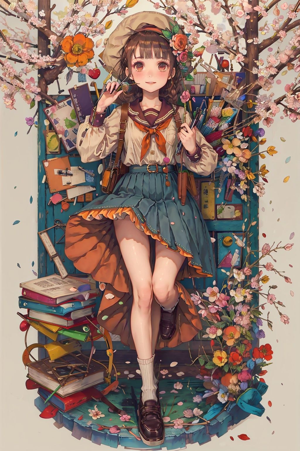 book, 1girl, petals, flower, brown hair, solo, bag, skirt, shoes, cherry blossoms, braid, pen, hat, orange flower, confetti