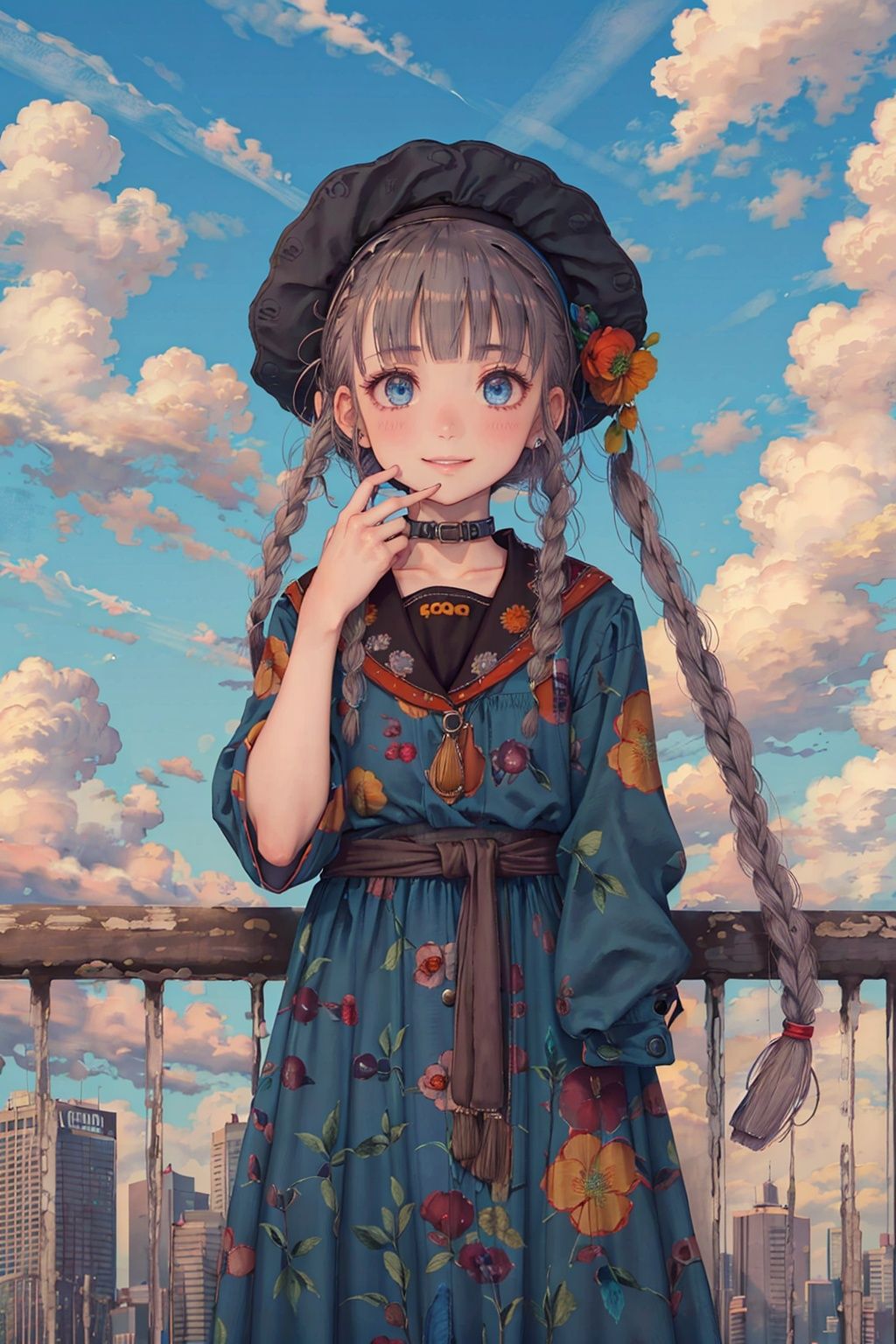 cloud, braid, 1girl, twin braids, sky, solo, cloudy sky, smile, long hair, sunset, blue sky, twintails, outdoors, hat, blue eyes, railing, bangs, looking at viewer, very long hair, day