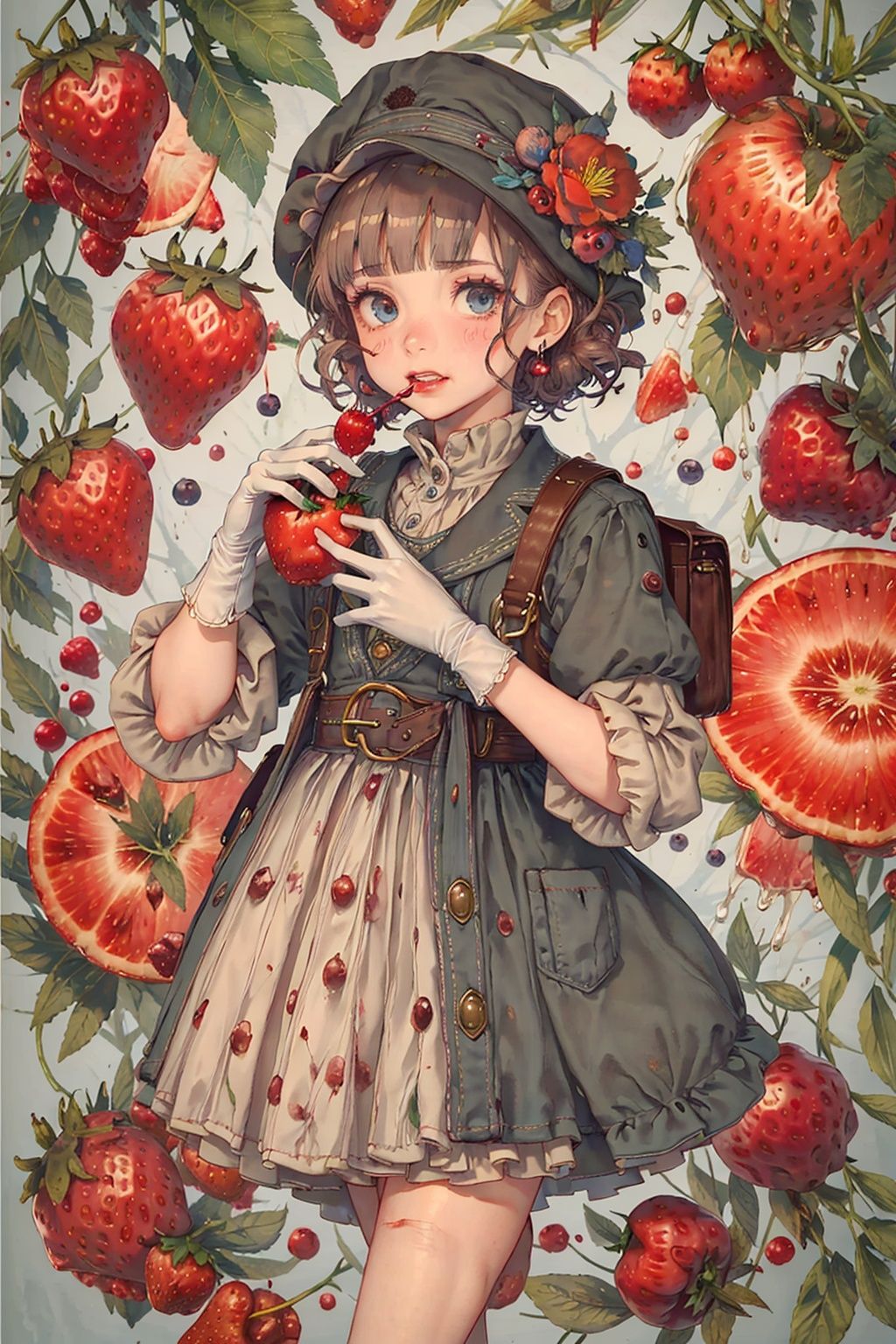 apple, camellia, fruit, red flower, red rose, strawberry, berry, cherry, rose, flower, hibiscus, spider lily, food, gloves, grapes, tomato, red apple, holding fruit, solo, 1girl, blueberry, blood, tulip, watermelon, white gloves, rose petals, leaf, whipped cream, strawberry print, blood splatter, blue eyes, bangs, ladybug, looking at viewer, hat, strawberry shortcake