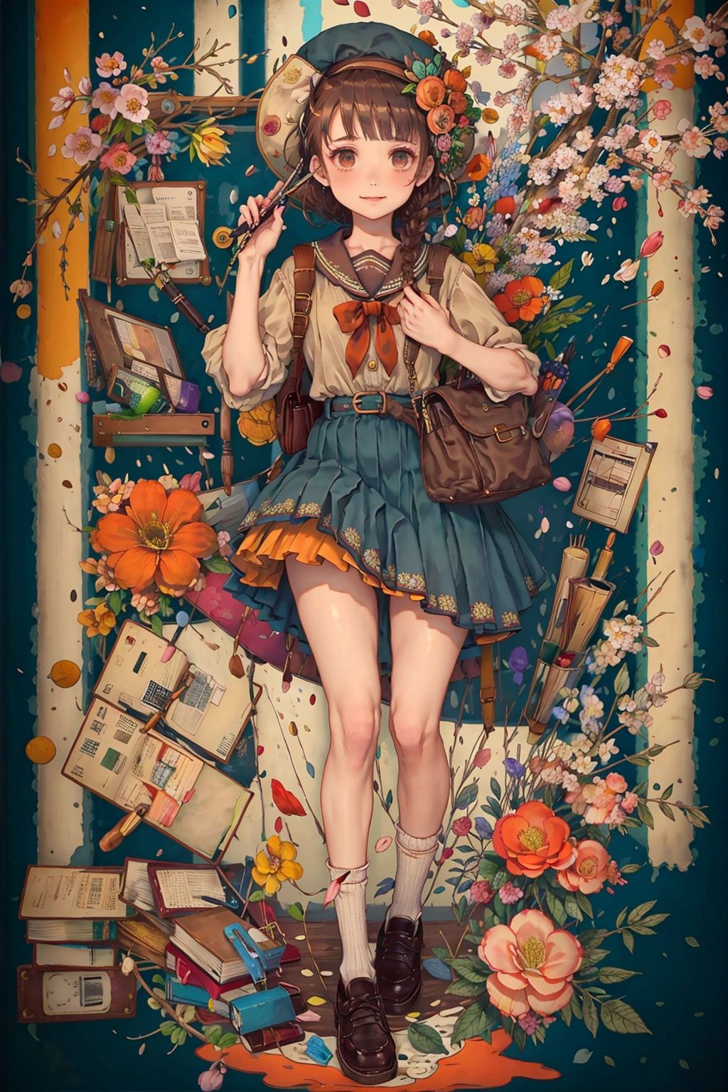 book, 1girl, petals, flower, brown hair, solo, bag, skirt, shoes, cherry blossoms, braid, pen, hat, orange flower, confetti