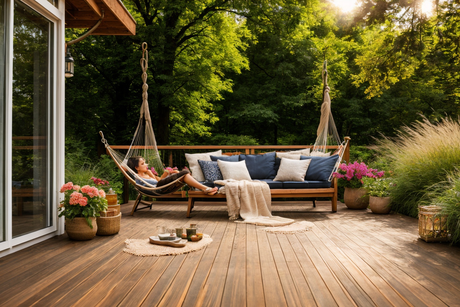Dive into the world of Photography,  capturing the essence of a wooden deck with a hammock chair and a couch in the middle...