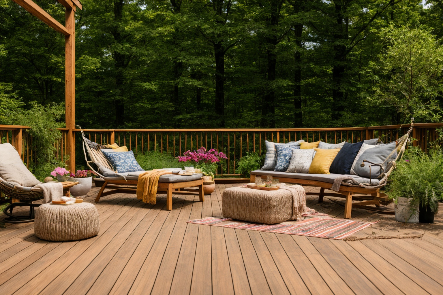 Dive into the world of Photography,  capturing the essence of a wooden deck with a hammock chair and a couch in the middle...