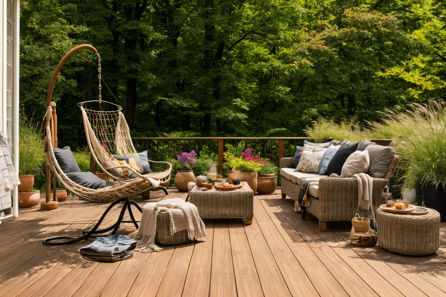Dive into the world of Photography,  capturing the essence of a wooden deck with a hammock chair and a couch in the middle...