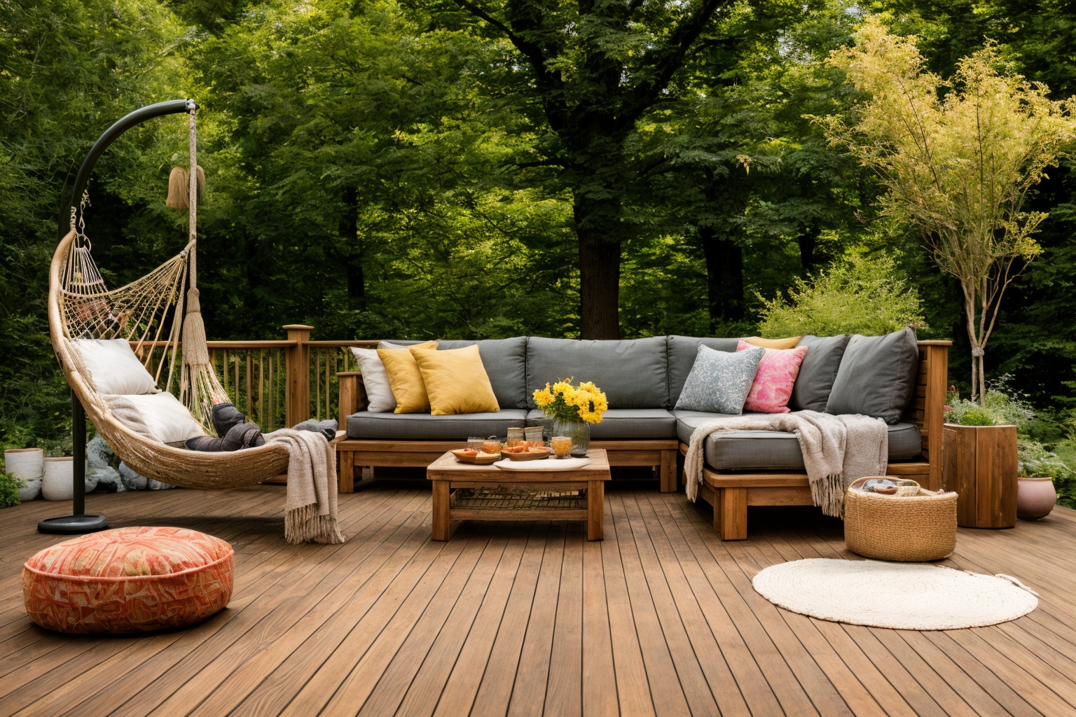 Dive into the world of Photography,  capturing the essence of a wooden deck with a hammock chair and a couch in the middle...