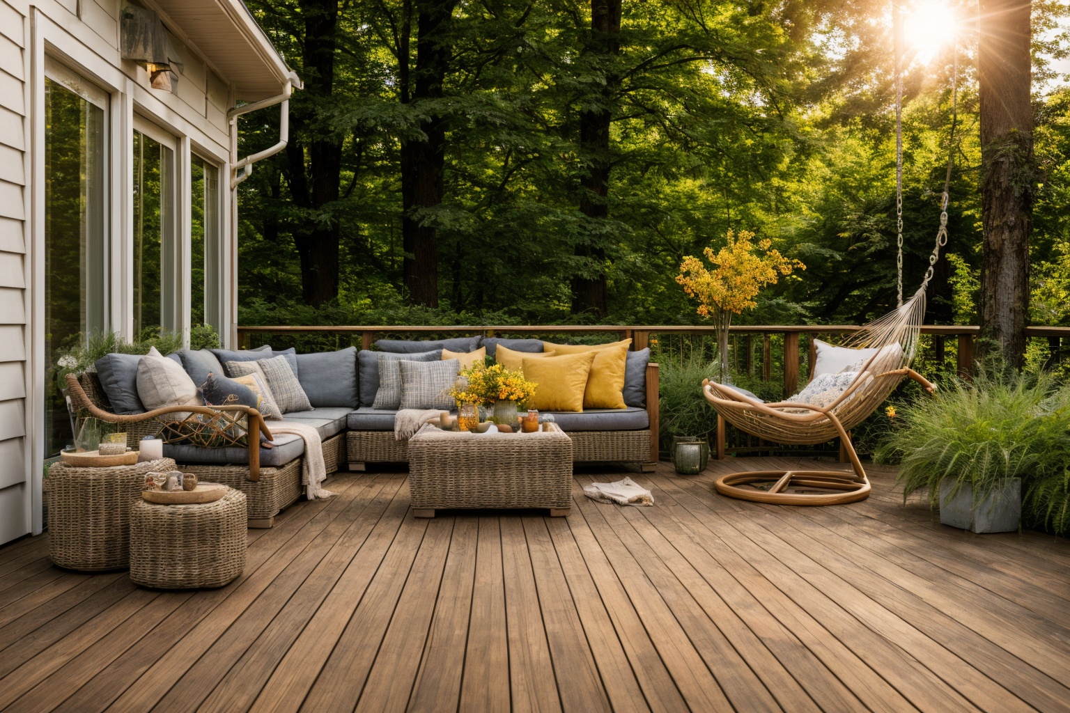 Dive into the world of Photography,  capturing the essence of a wooden deck with a hammock chair and a couch in the middle...