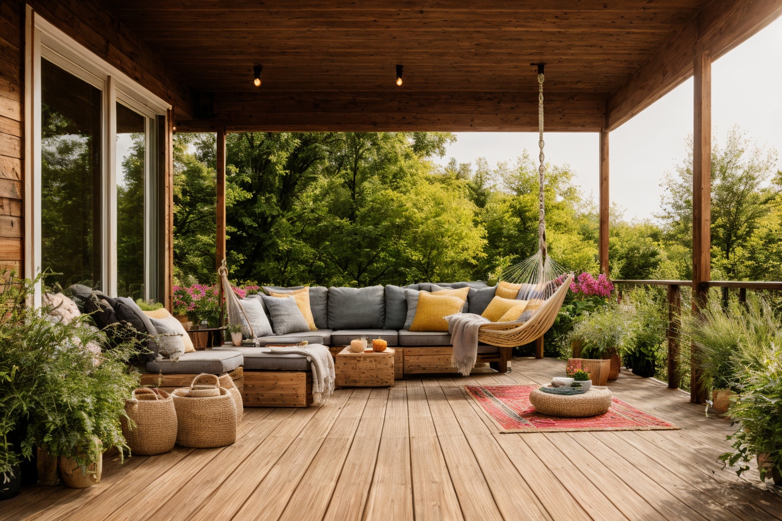 Dive into the world of Photography,  capturing the essence of a wooden deck with a hammock chair and a couch in the middle...