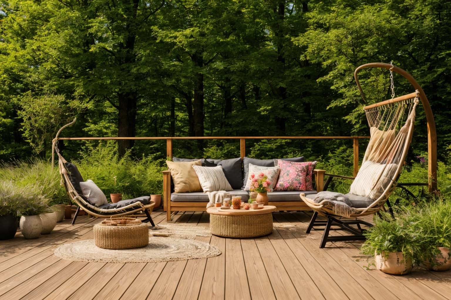 Dive into the world of Photography,  capturing the essence of a wooden deck with a hammock chair and a couch in the middle...