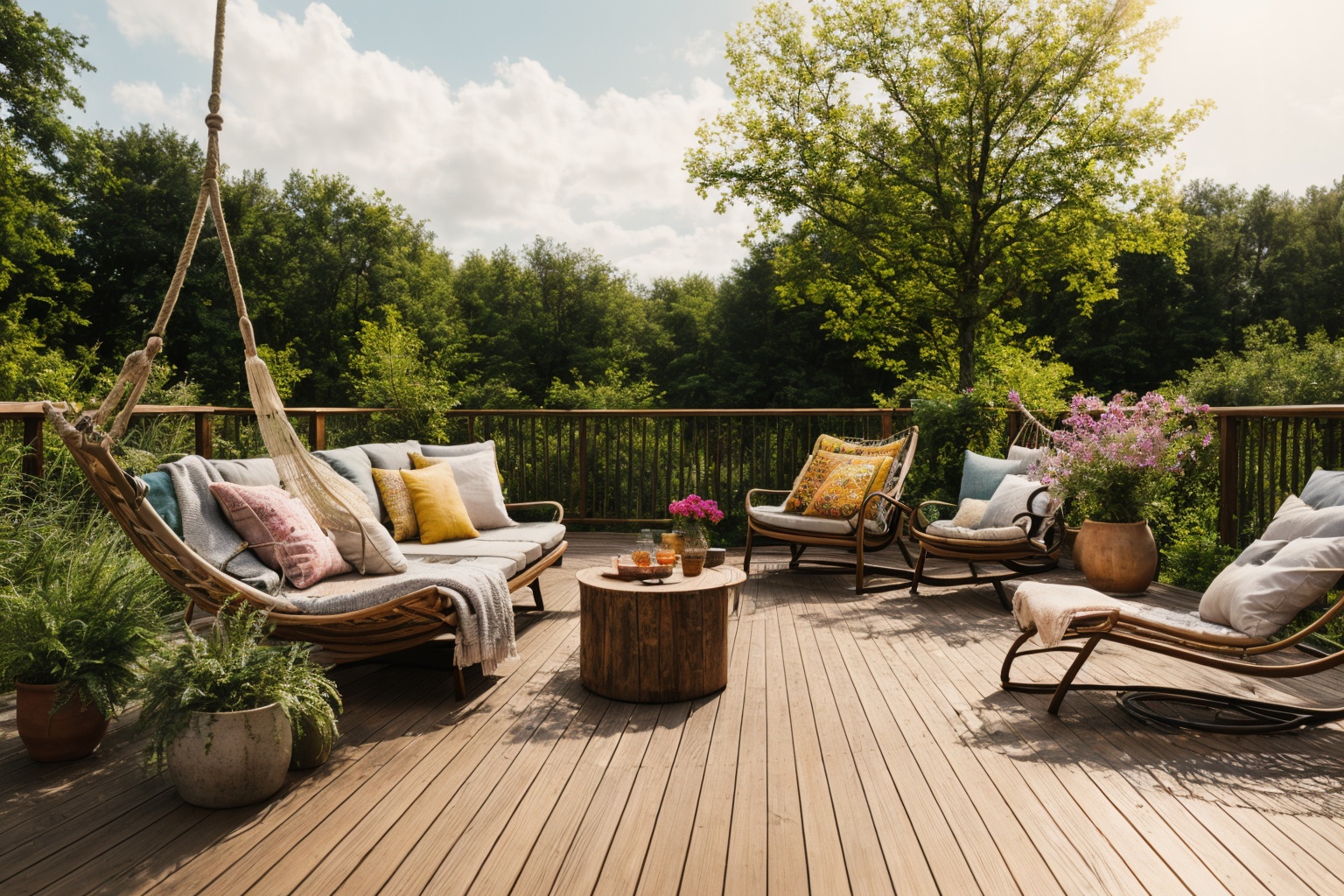 Dive into the world of Photography,  capturing the essence of a wooden deck with a hammock chair and a couch in the middle...