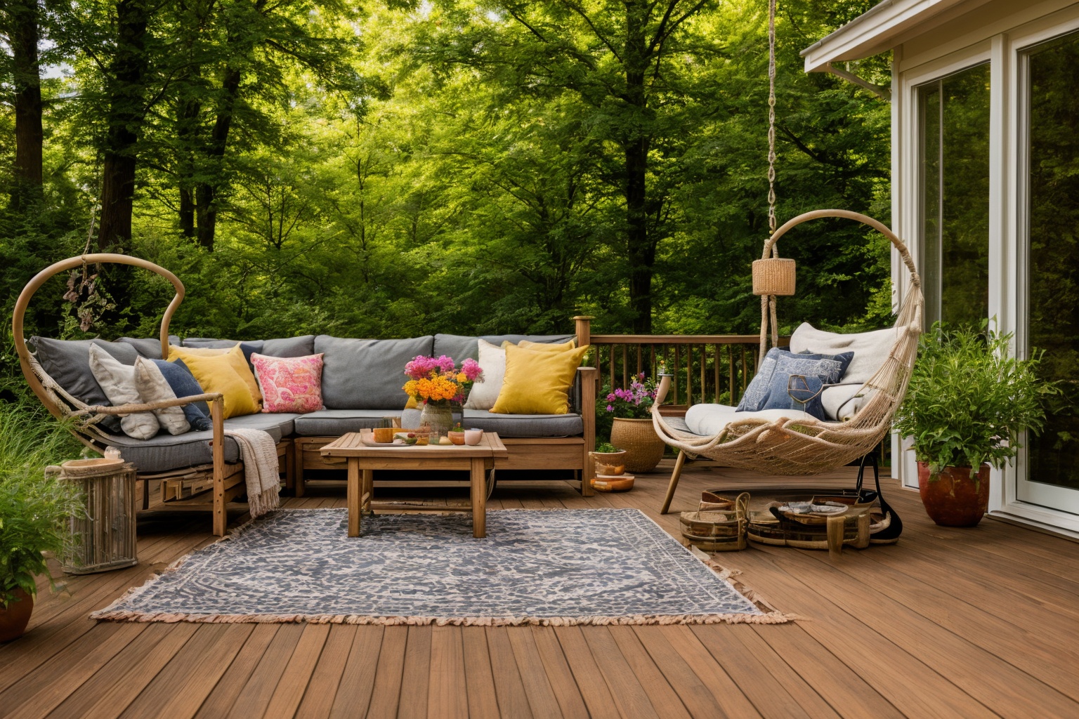 Dive into the world of Photography,  capturing the essence of a wooden deck with a hammock chair and a couch in the middle...