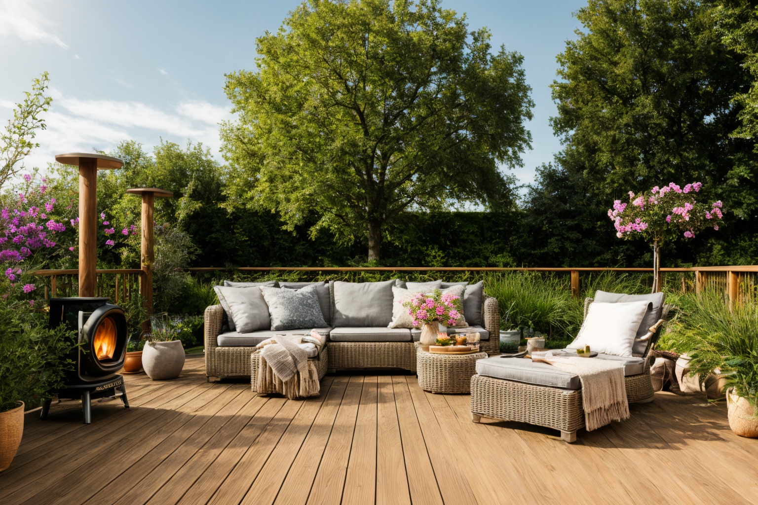 garden,  Experience the magic of Pixar 3D,  bringing to life a wooden deck adorned with a hammock chair and a couch on Ten...