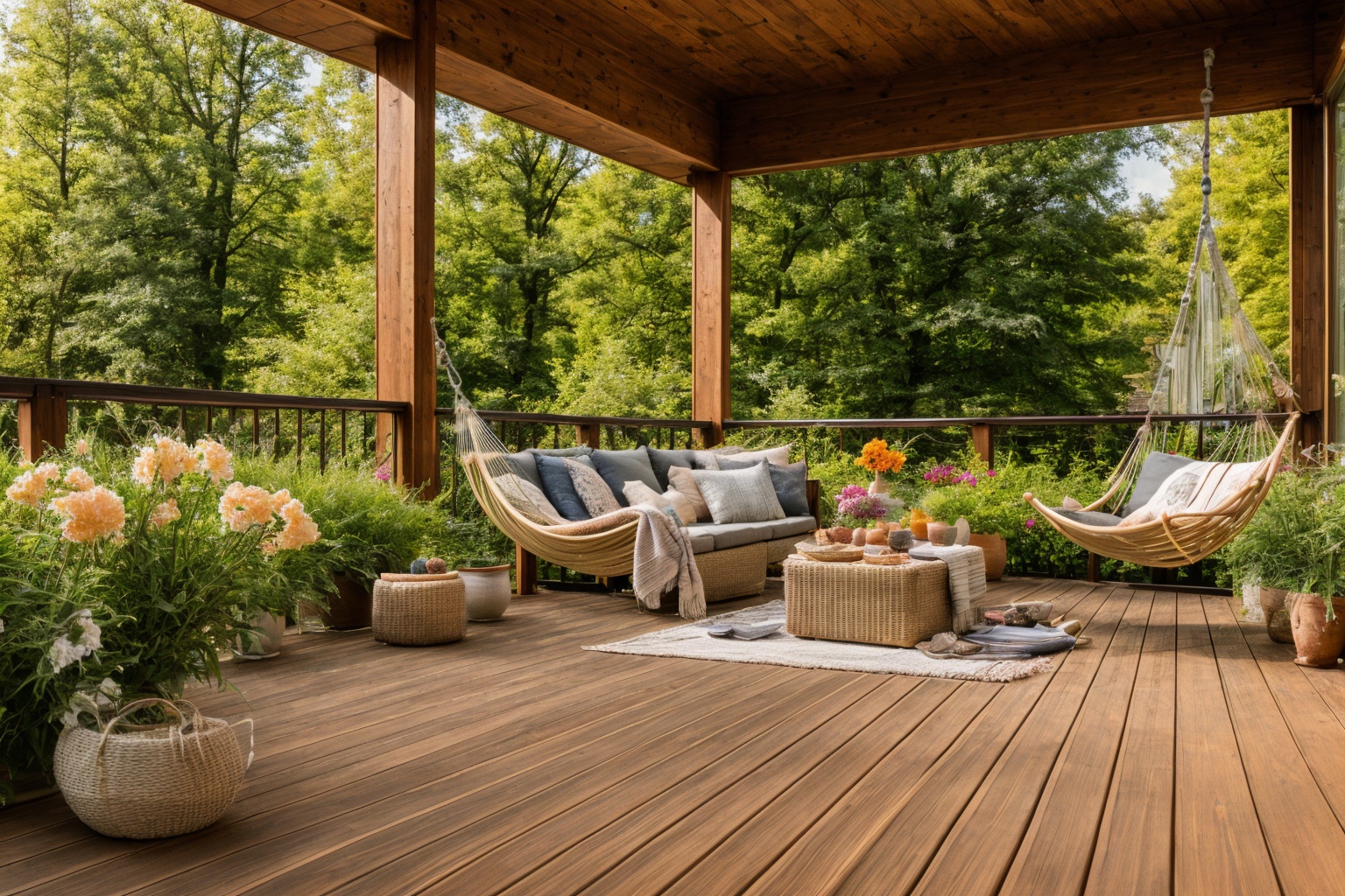 Dive into the world of Photography,  capturing the essence of a wooden deck with a hammock chair and a couch in the middle...