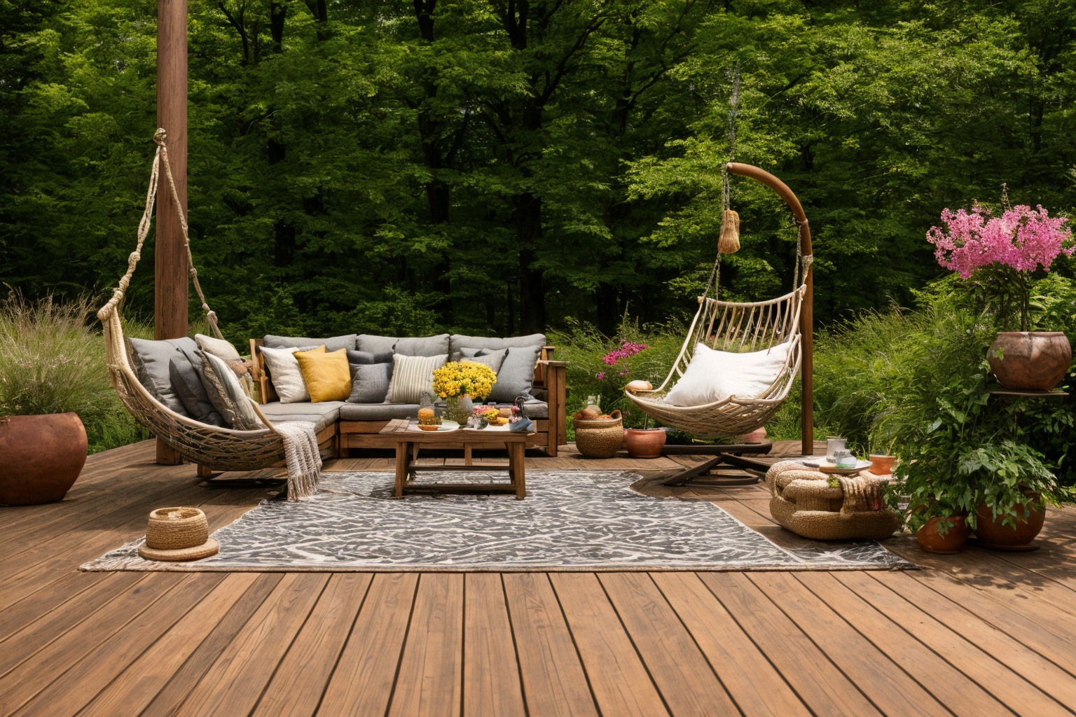 Dive into the world of Photography,  capturing the essence of a wooden deck with a hammock chair and a couch in the middle...