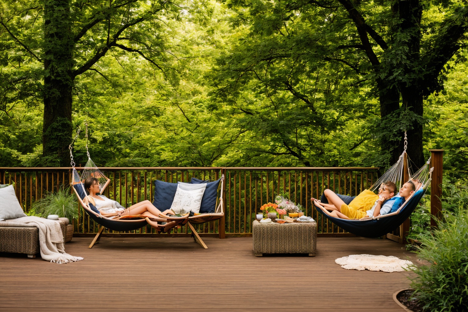 Dive into the world of Photography,  capturing the essence of a wooden deck with a hammock chair and a couch in the middle...