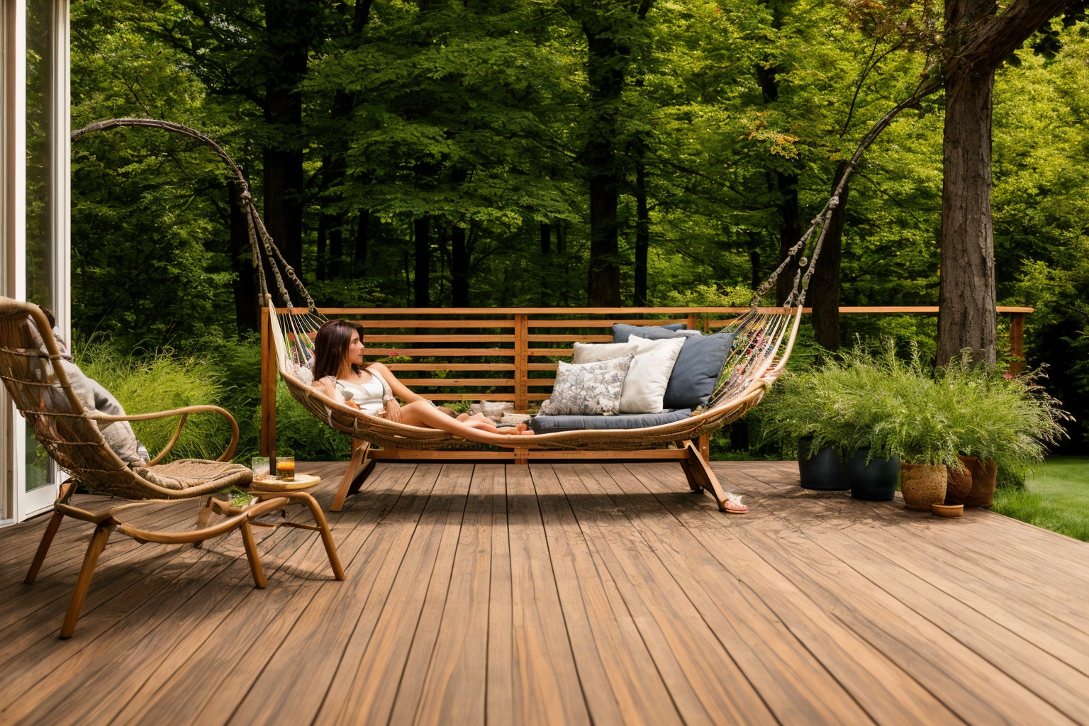 Dive into the world of Photography,  capturing the essence of a wooden deck with a hammock chair and a couch in the middle...