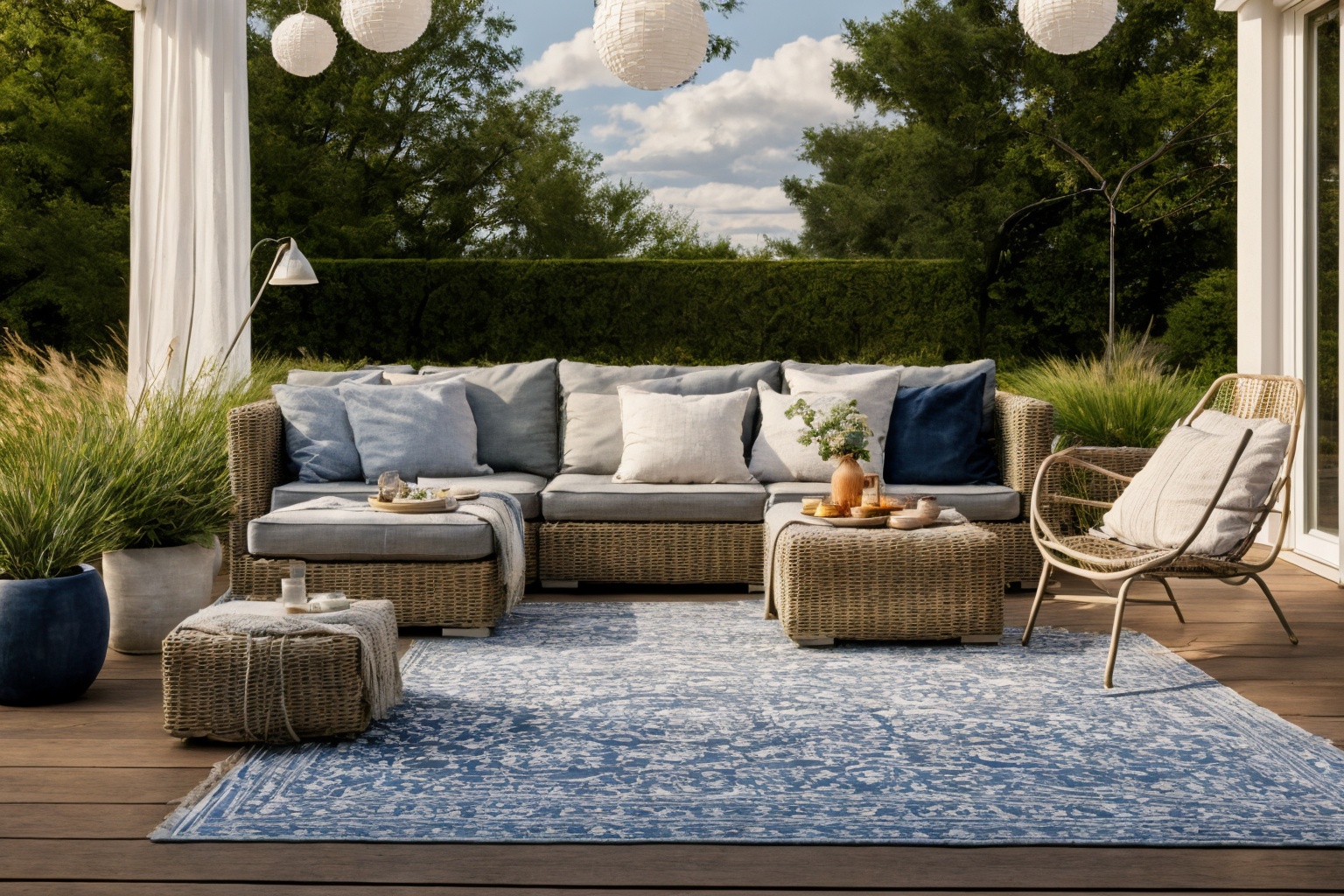 garden,  Dive into the world of Illustration,  painting a serene patio setting with a couch on Tensor.Art