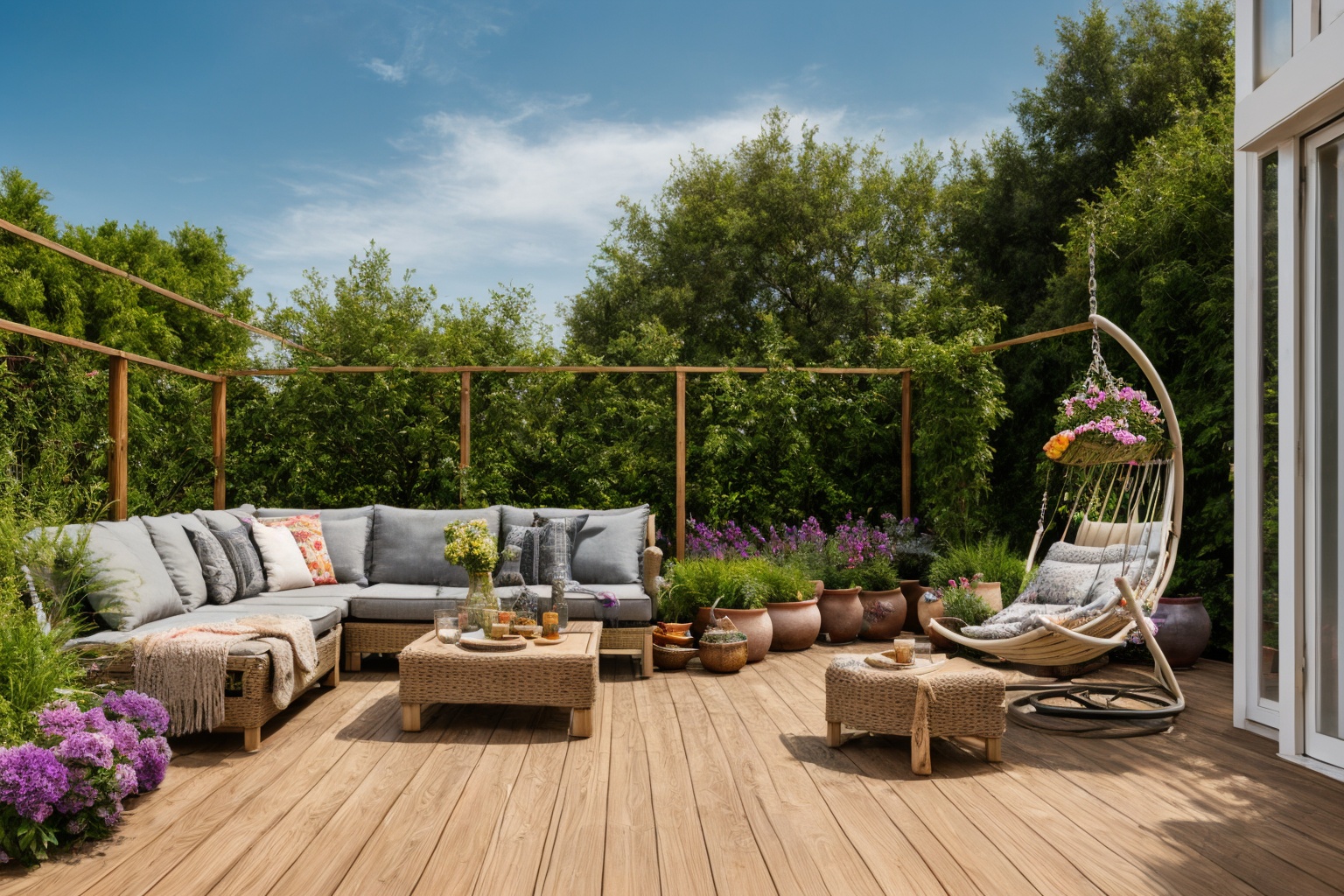 garden,  Experience the magic of Pixar 3D,  bringing to life a wooden deck adorned with a hammock chair and a couch on Ten...